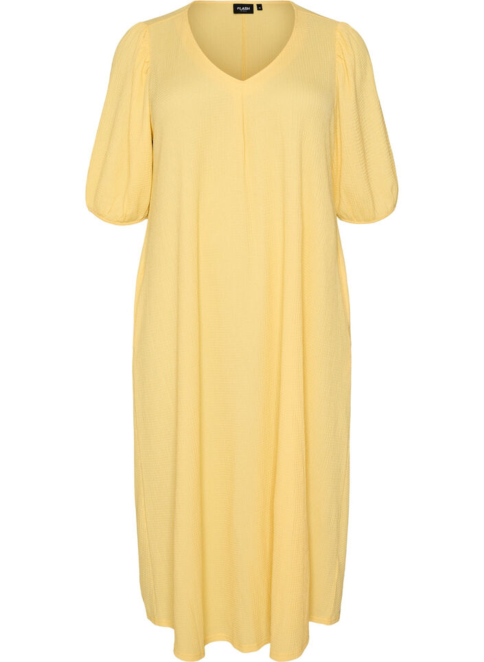 Midikleid mit V-Ausschnitt und Struktur, Gelb, Packshot image number 0