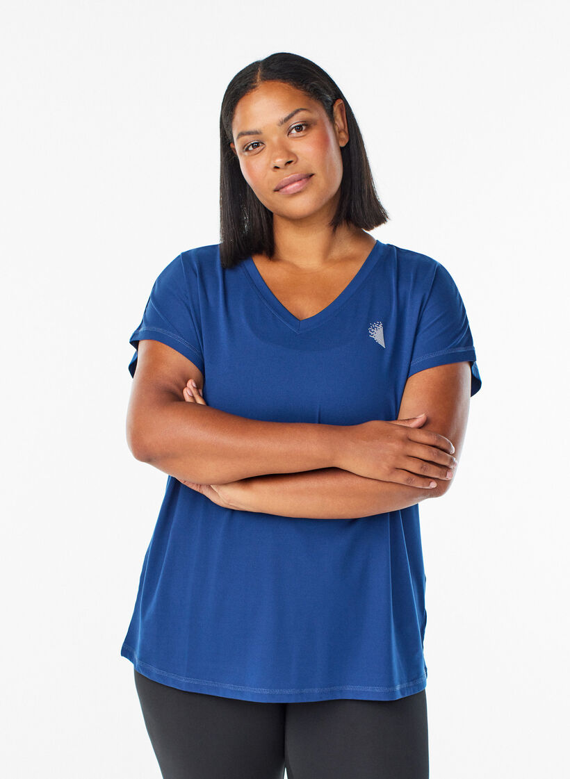 Lockeres Trainings-T-Shirt mit V-Ausschnitt, Blau, Model image number 0