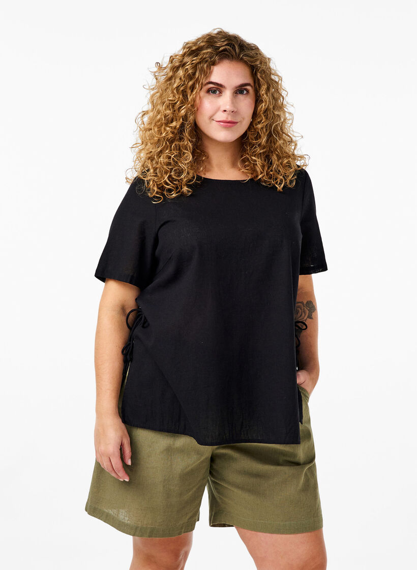 Weite kurze Hosen aus Baumwoll-Leinen-Mischgewebe, Deep Lichen Green, Model image number 0