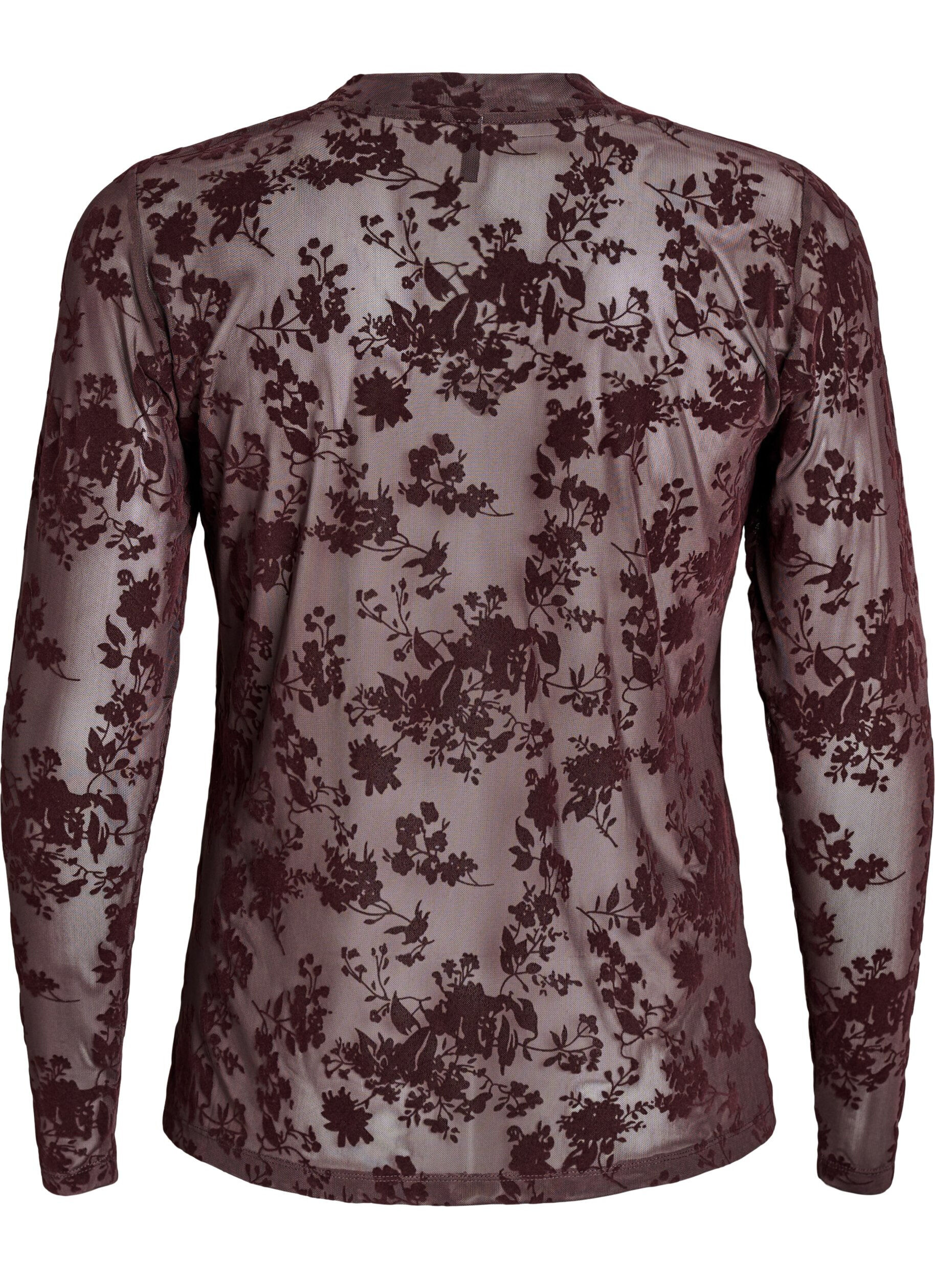 Zizzi Meshbluse mit Blumenmuster, Braun, Packshot image number 1