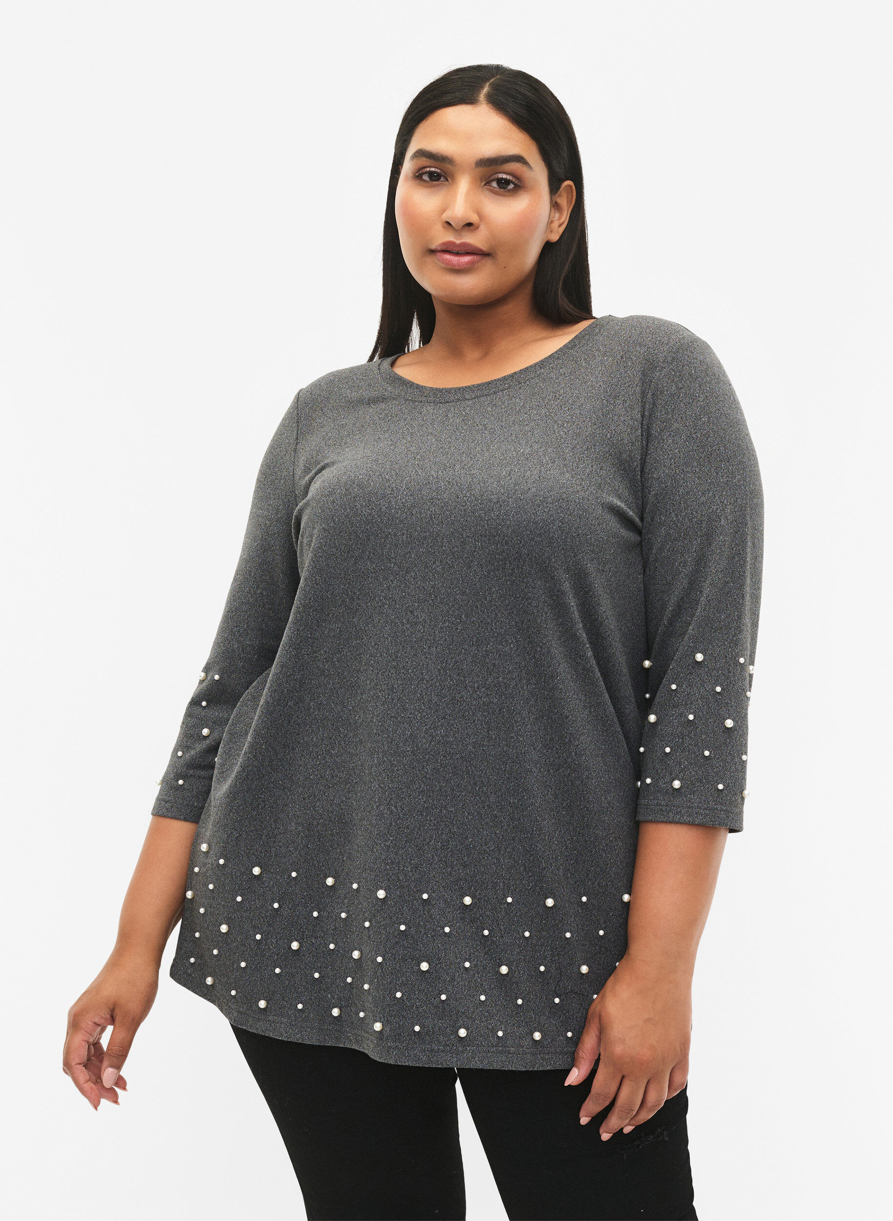 Zizzi Bluse mit Perlen und 3/4 &Auml;rmeln, Dark Grey Melange, Model image number 0