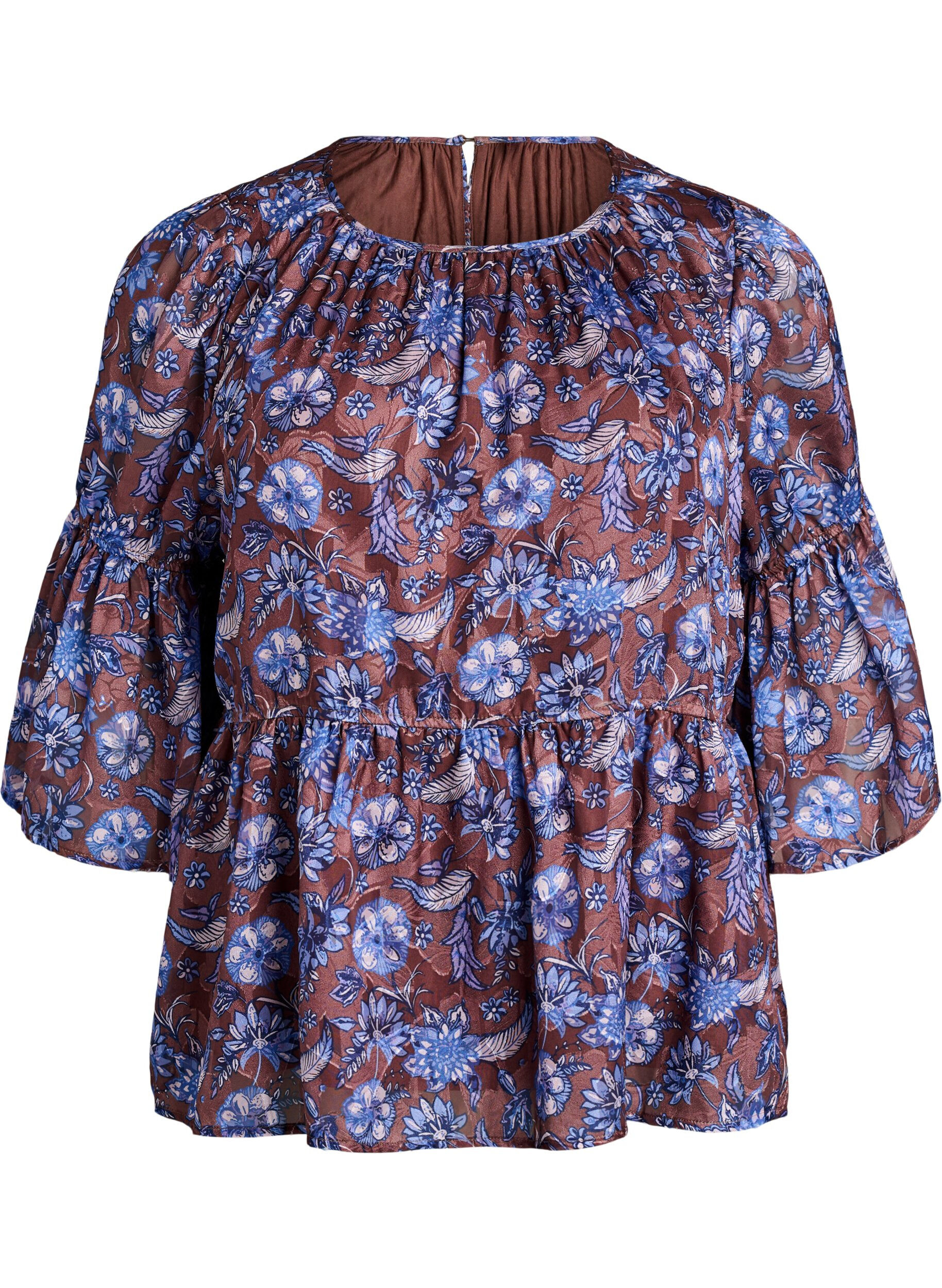 ZizziGebl&uuml;mte Bluse mit R&uuml;schen&auml;rmeln, Braun, Packshot image number 0