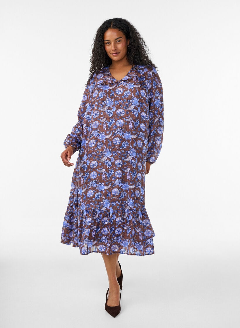 Gebl&uuml;mtes Midikleid mit R&uuml;schensaum, Braun, Model image number 0