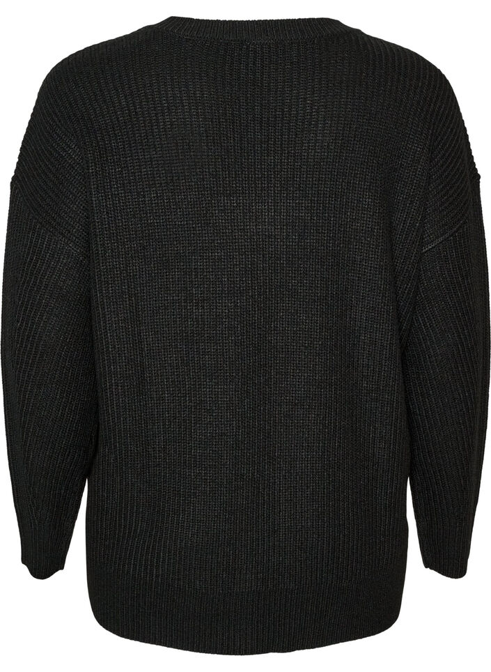 Lange Rippstrickbluse mit V-Ausschnitt, Schwarz, Packshot image number 1