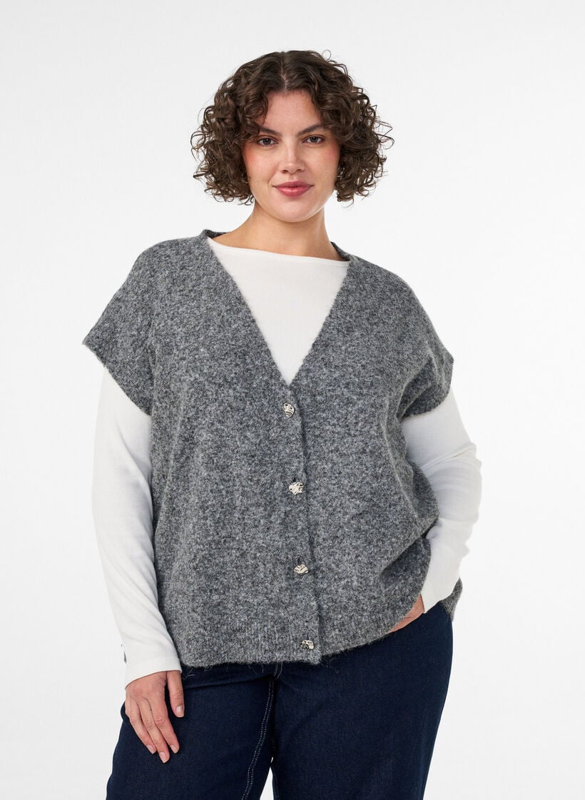 Strickweste mit V-Ausschnitt und Zierkn&ouml;pfen, Grau, Model image number 0