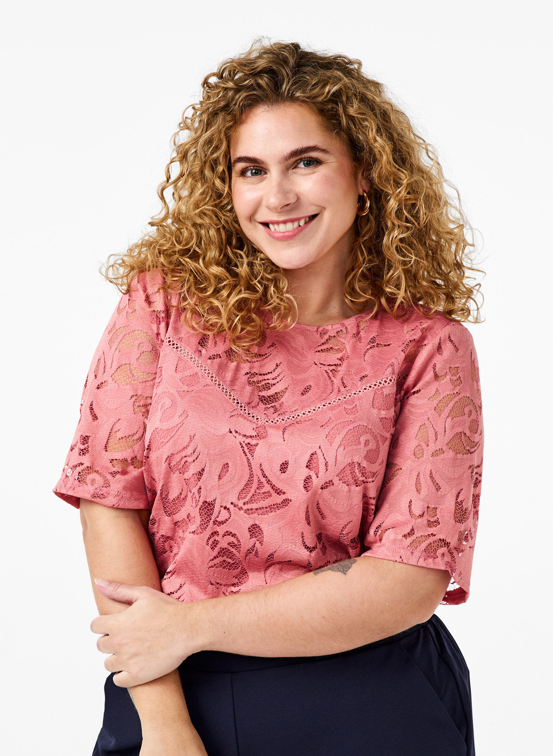 Zizzi Bluse mit Spitze und kurzen &Auml;rmeln, Dusty Rose, Model image number 0