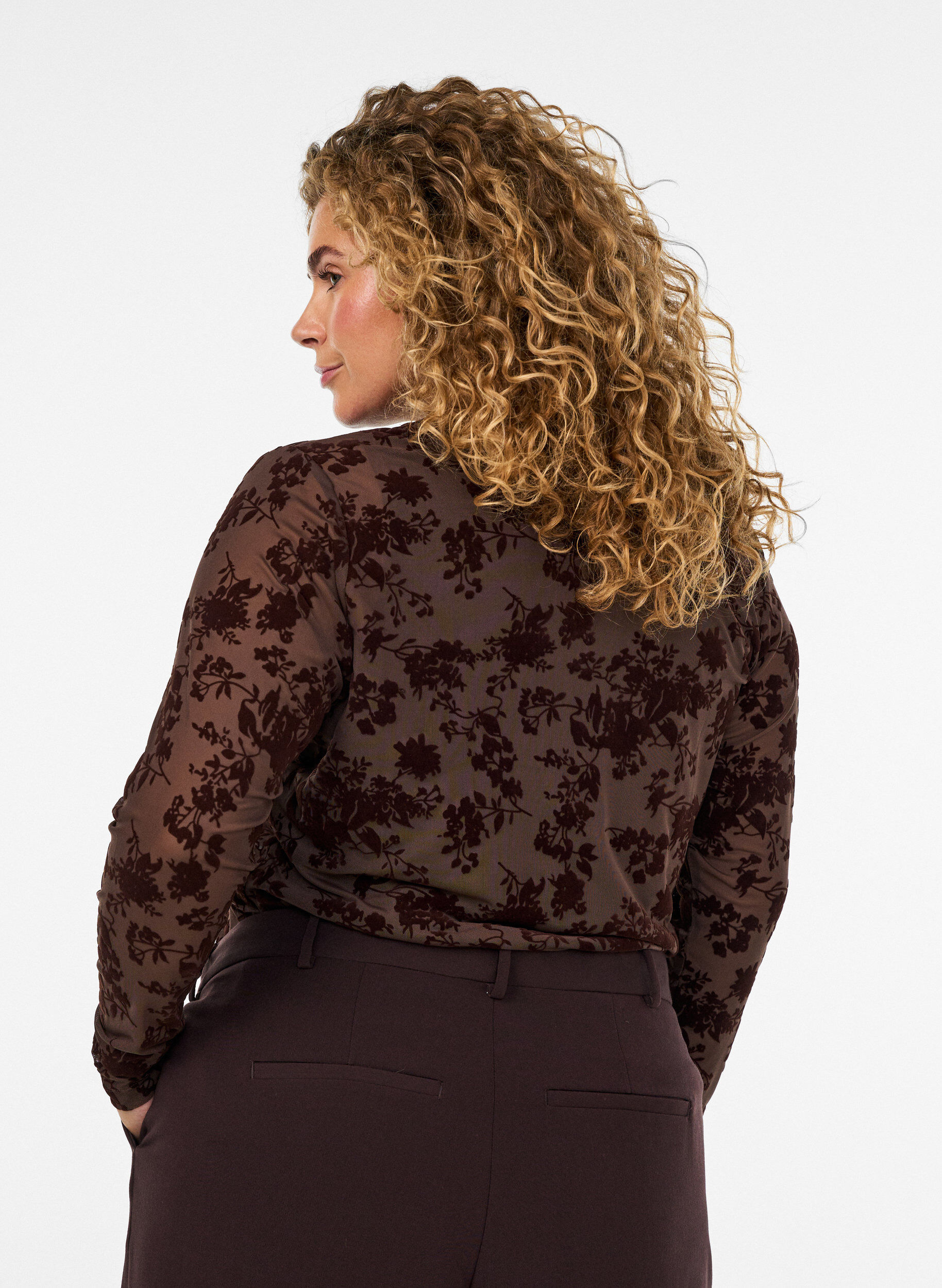 ZizziBluse aus Mesh mit gebl&uuml;mtem Muster, Braun, Model image number 2