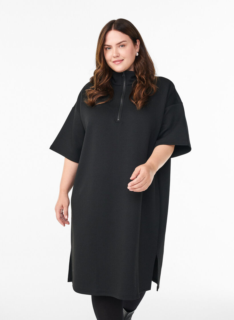 Kurzes Sweatshirtkleid mit hohem Kragen und Reißverschluss, Schwarz, Model image number 0