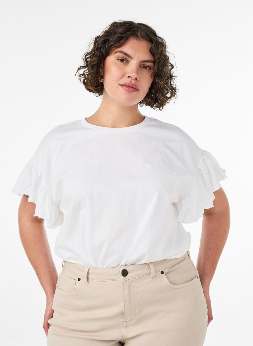 T-Shirt aus Bio-Baumwolle mit R&uuml;schen&auml;rmeln, Wei&szlig;, Model image number 0