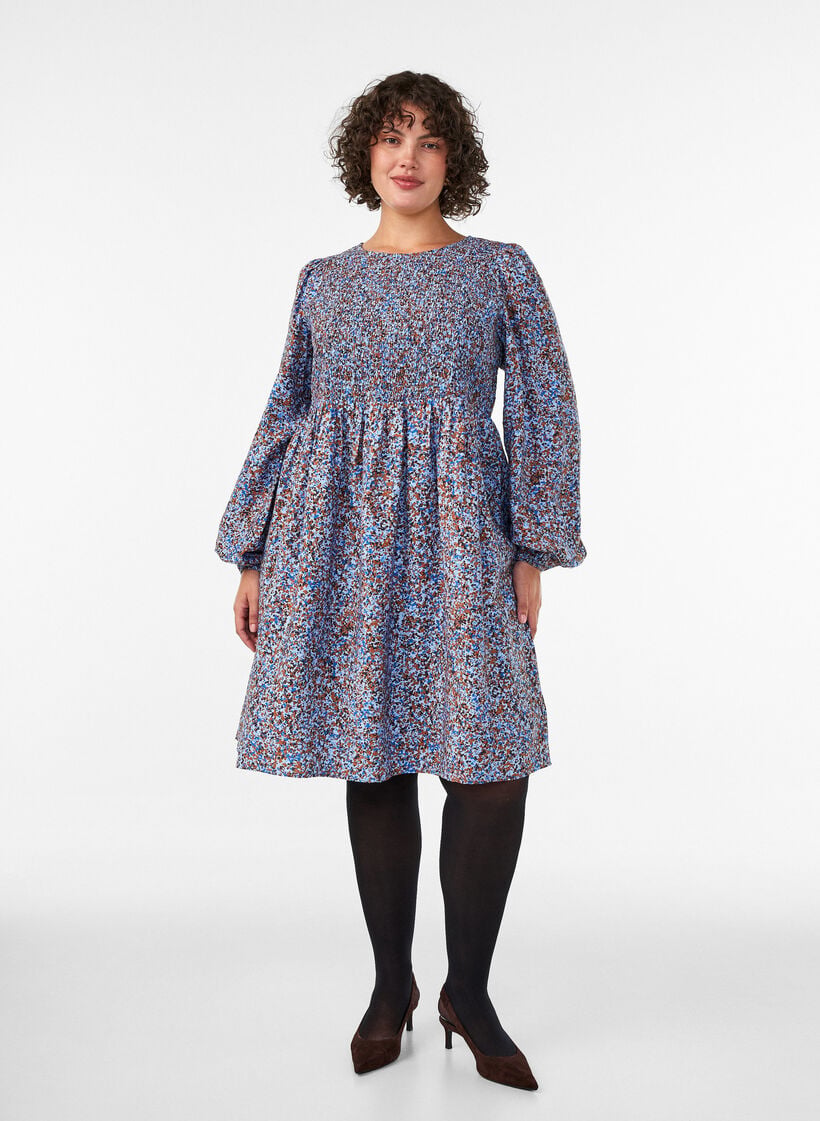 Kleid aus Viskose mit Smock und Allover-Muster, Blau, Model image number 1