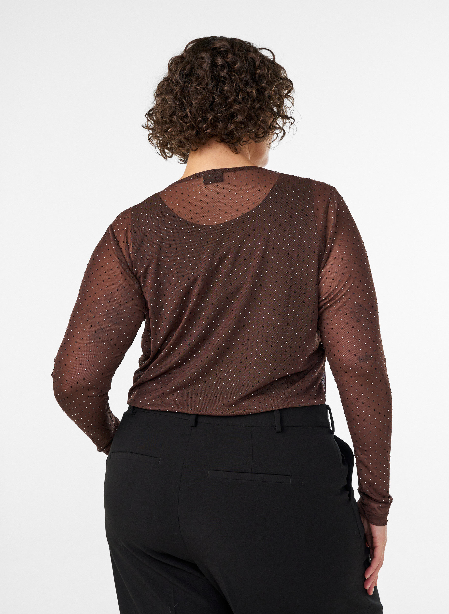 ZizziTransparente Bluse aus Mesh mit Strasssteinen, Braun, Model image number 2