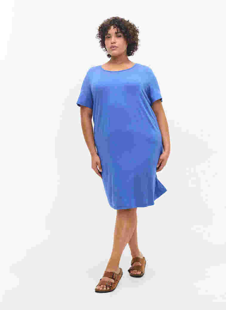 Kurzarm Kleid aus Viskose mit Rückendetail , Dazzling Blue, Model image number 3