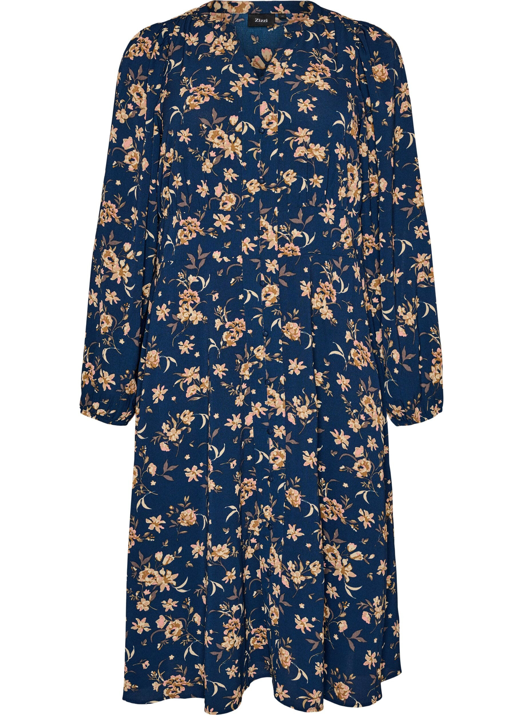 ZizziMidikleid mit Smock und Zierkn&ouml;pfen, Blau, Packshot image number 0