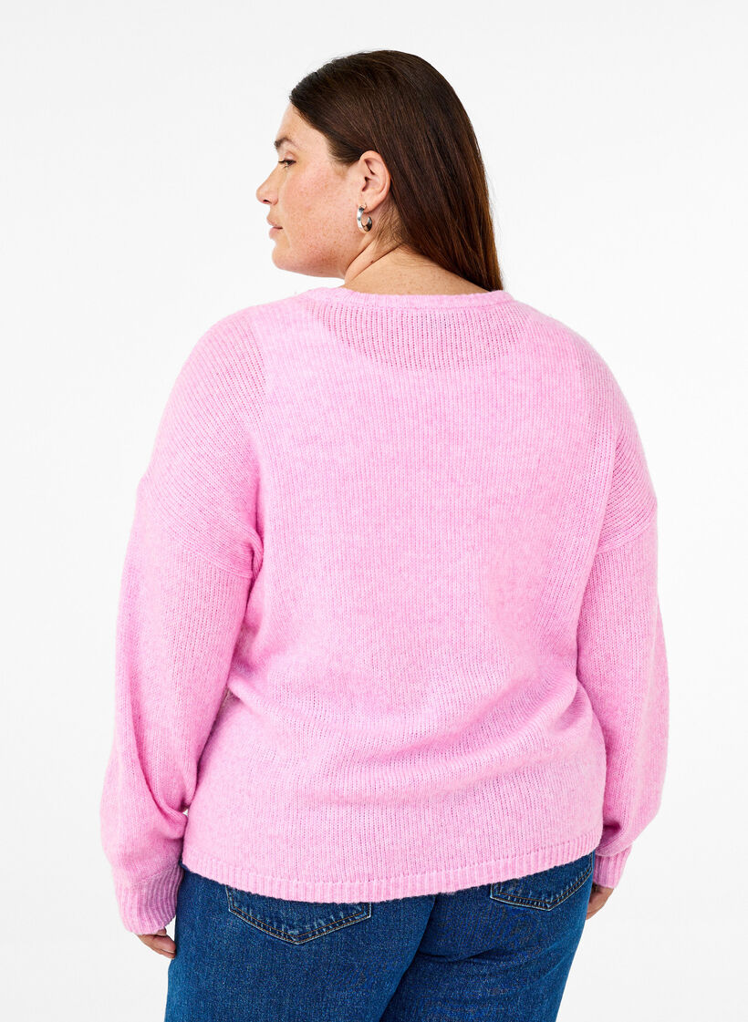 Langärmliger Strickpullover mit Wollanteil und Rundhalsausschnitt, Begonia Pink Mel., Model image number 1