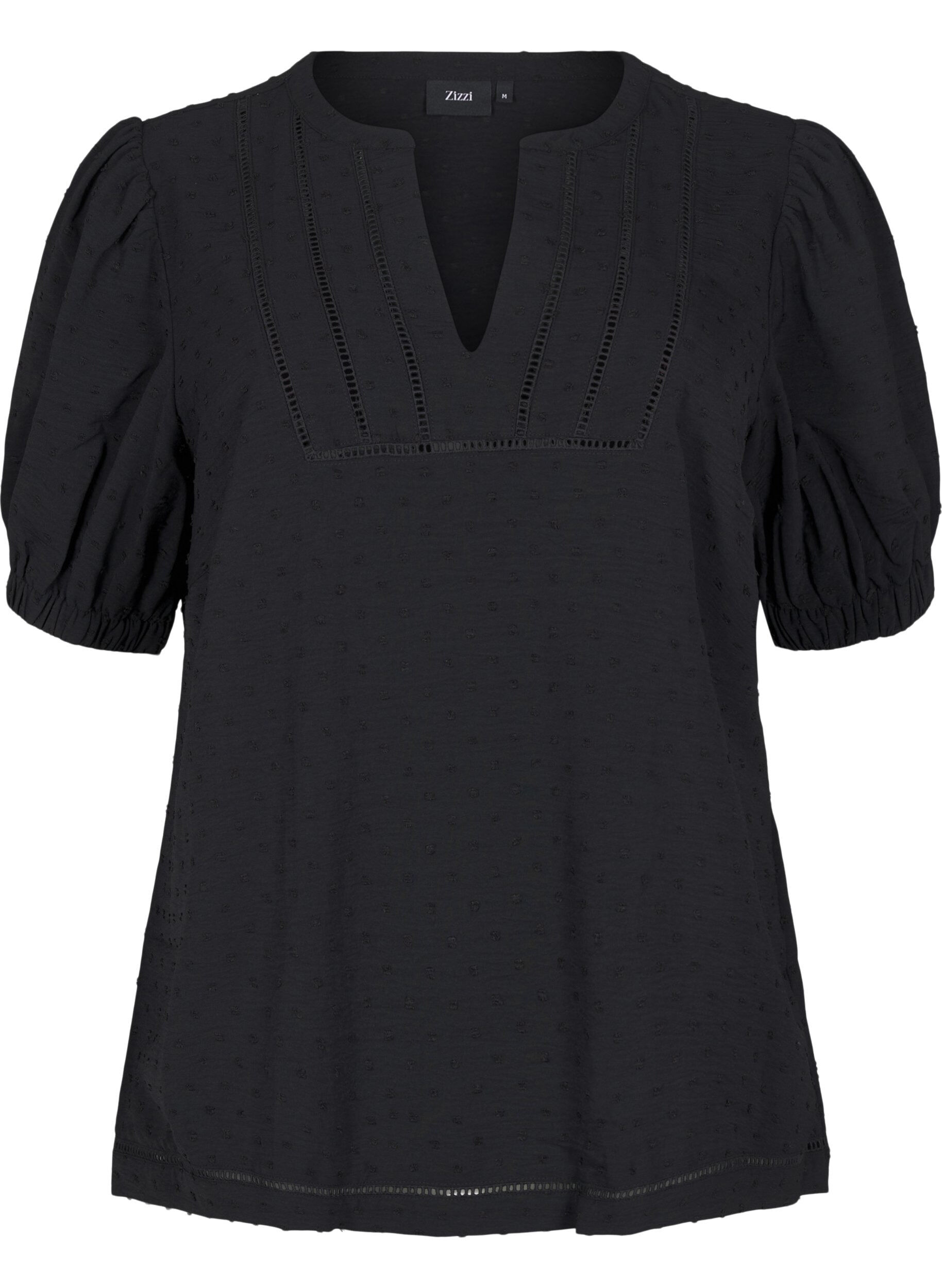 Zizzi Bluse mit kurzen Puff&auml;rmeln und gepunkteter Textur, Black, Packshot image number 0