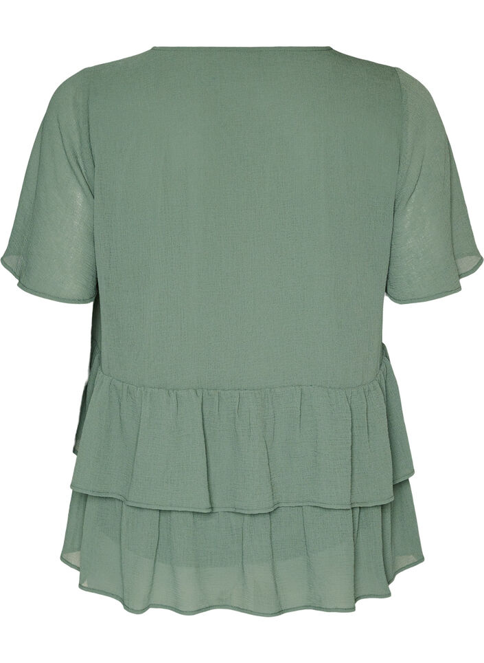 Bluse mit V-Ausschnitt und R&uuml;schen, Gr&uuml;n, Packshot image number 1
