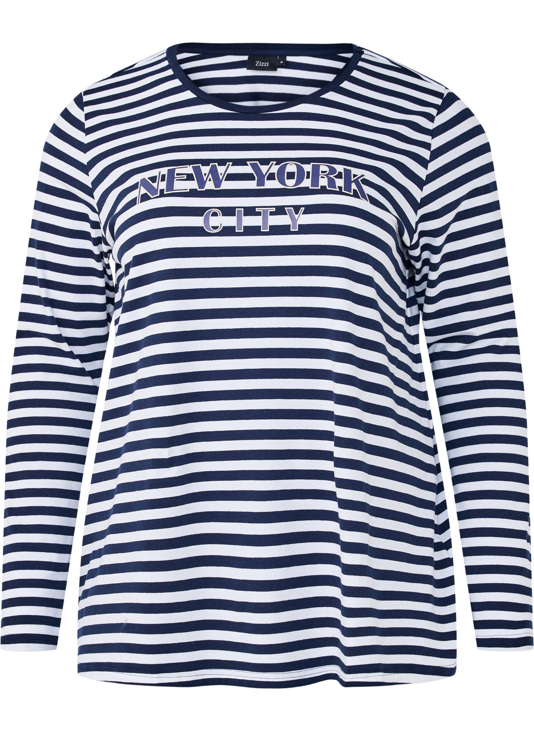 Zizzi Gestreifte Bluse mit Motiv, White w.Navy Stripe, Packshot image number 0