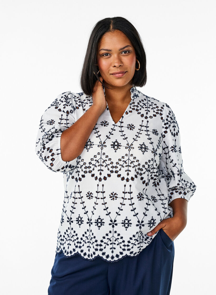 Bluse mit 3/4-Ärmeln und kontrastierender Broderie Anglaise, Weiß, Model image number 0