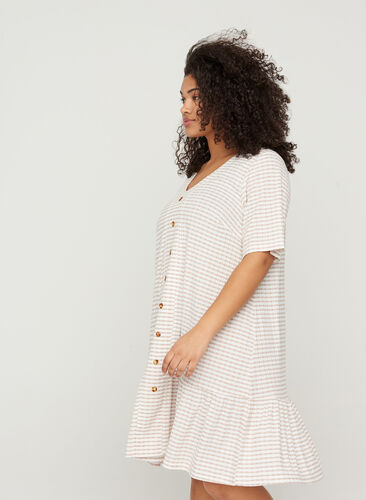Gestreiftes Kleid mit kurzen Ärmeln und V-Ausschnitt, White Red Stripe, Model image number 0