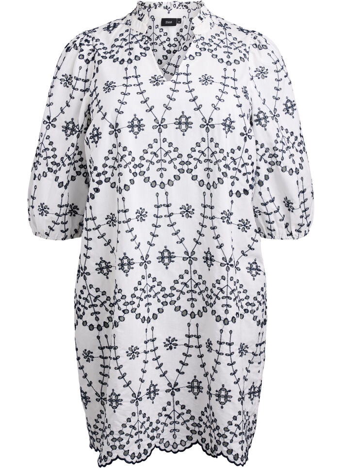 Kleid mit kontrastierender Lochstickerei, White w. Navy Blazer, Packshot image number 0