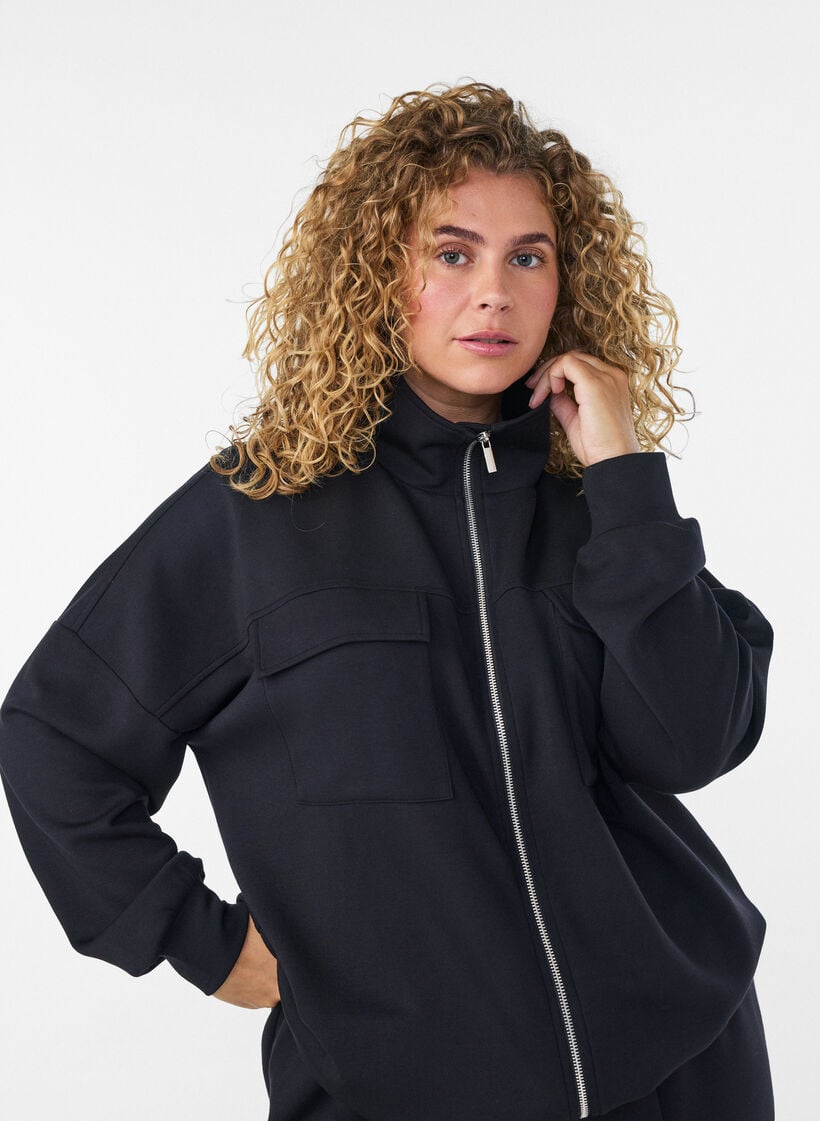 Cardigan aus Jersey mit Rei&szlig;verschluss und hohem Kragen, Schwarz, Model image number 3