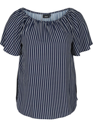 Gestreifte Kurzarm Bluse aus Viskose, Blue White stripe, Packshot image number 0