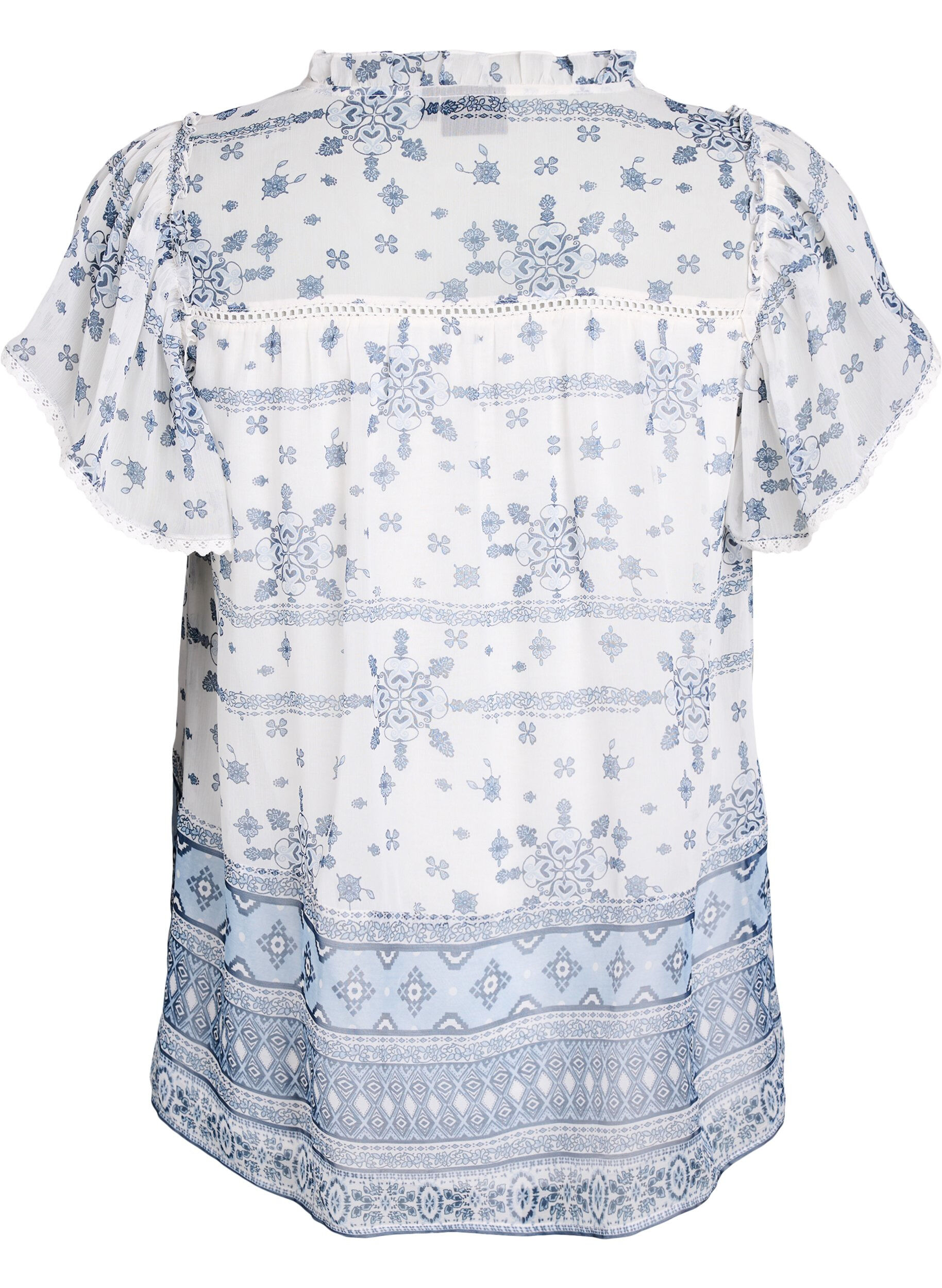 Zizzi Gemusterte Bluse mit R&uuml;schendetail und kurzen &Auml;rmeln, Wei&szlig;, Packshot image number 1