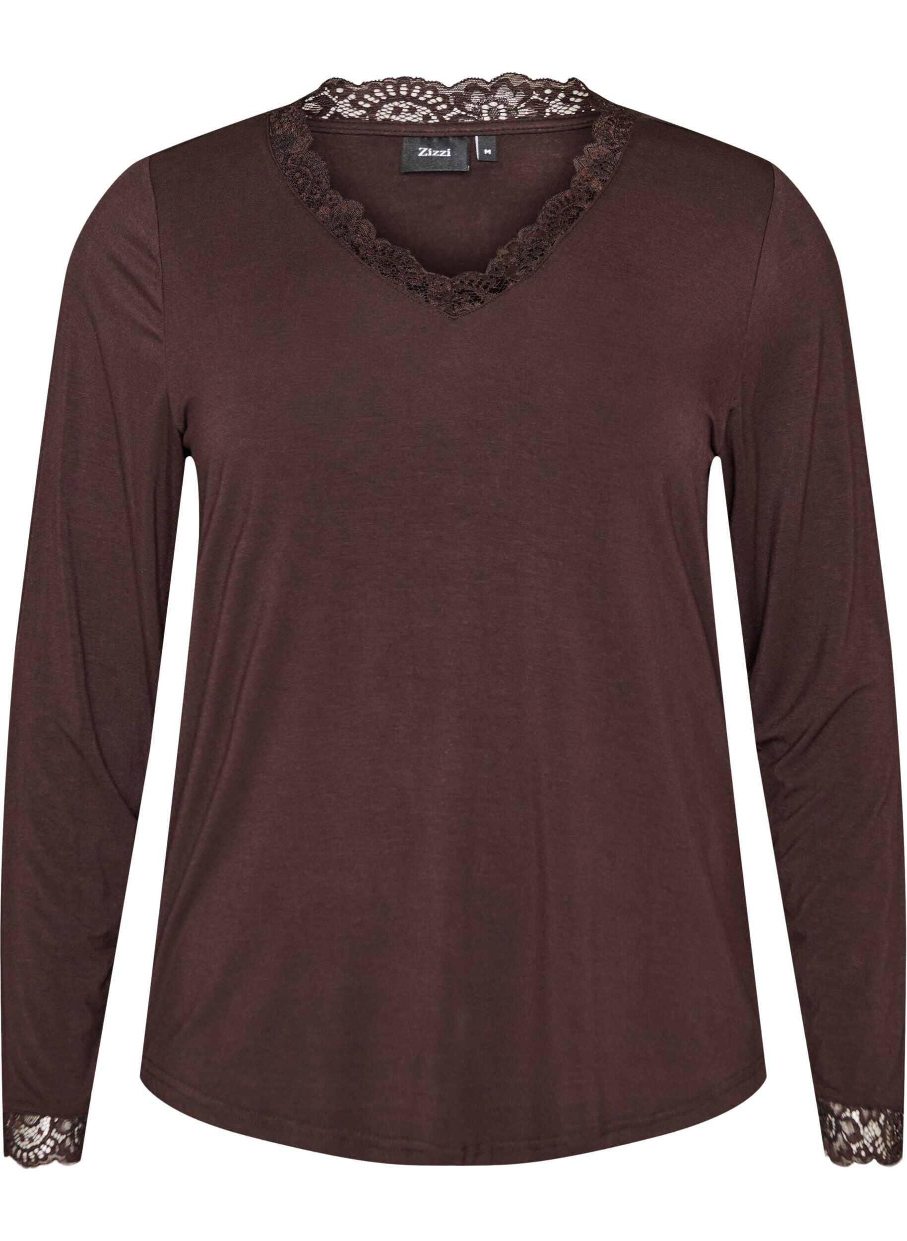 ZizziBluse aus Viskose mit Spitzen und V-Ausschnitt, Braun, Packshot image number 0