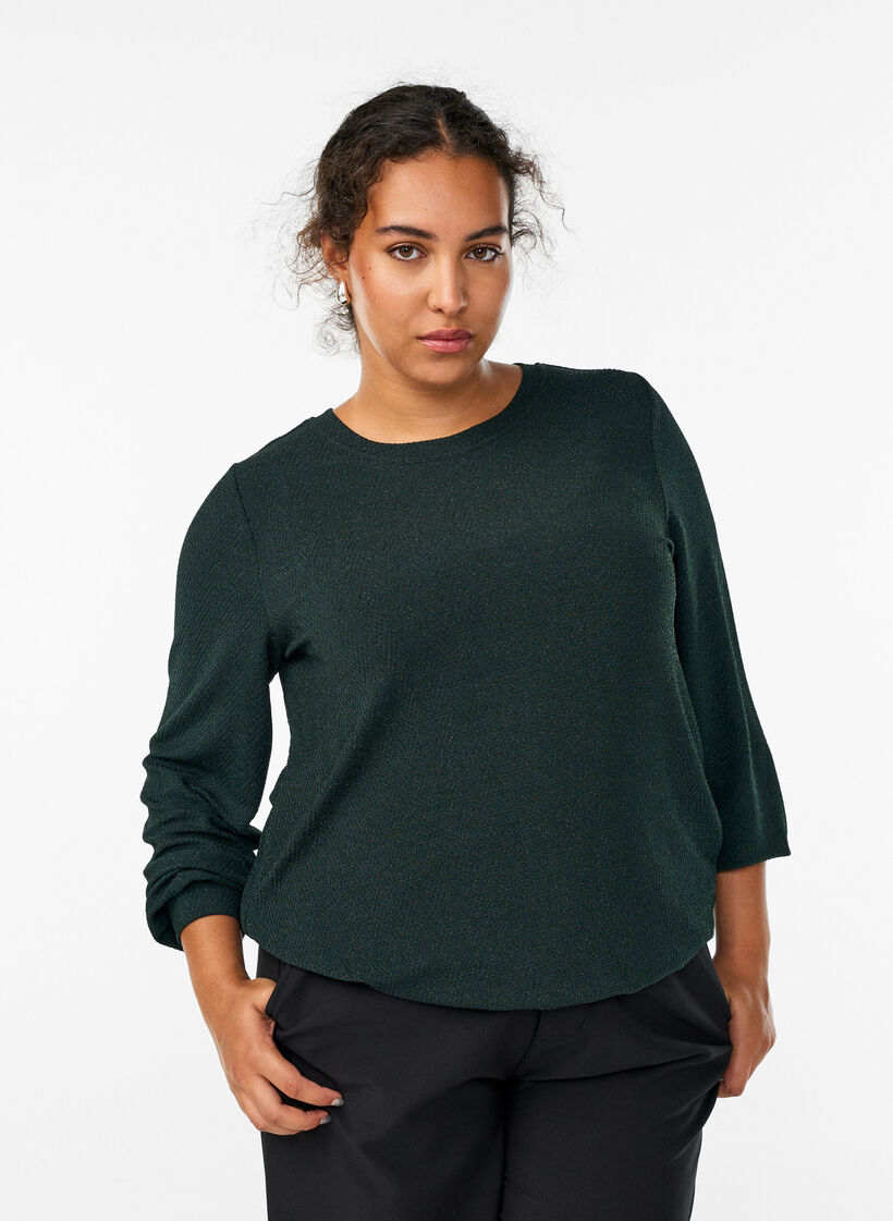 Bluse mit Fischgr&auml;tenmuster und Glitzerfaden, Gr&uuml;n, Model image number 0
