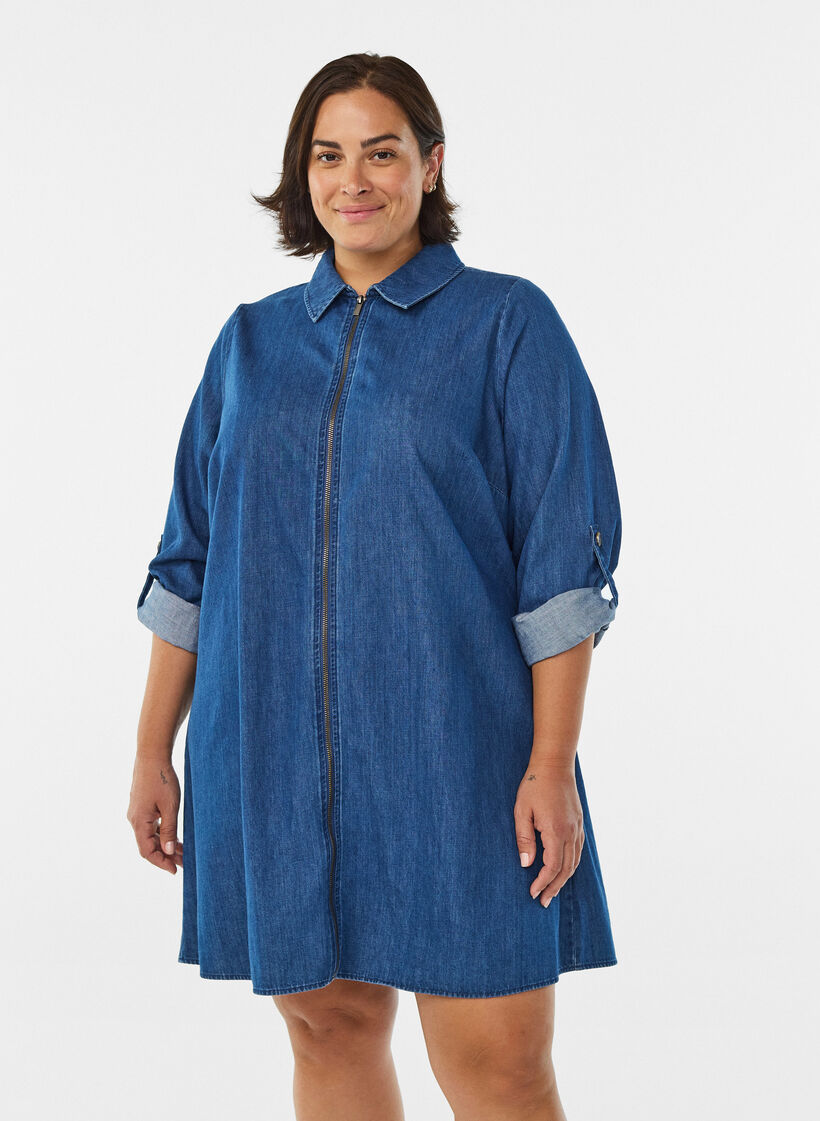 Kurzes Denimkleid mit Reißverschluss, Blau, Model image number 0