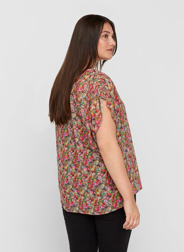 Kurzarm Bluse mit Blumenprint, Pink Flower AOP, Model image number 1