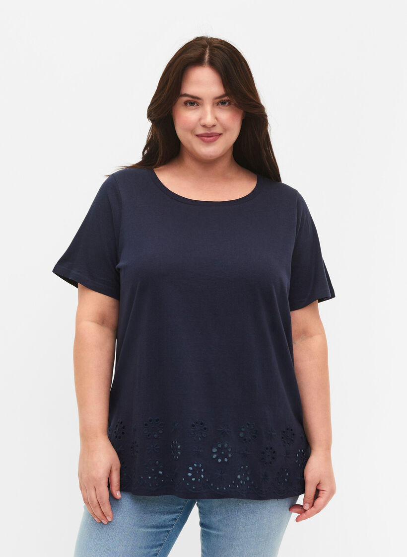 T-Shirt aus Baumwolle mit Broderi anglaise, Navy Blazer, Model image number 0