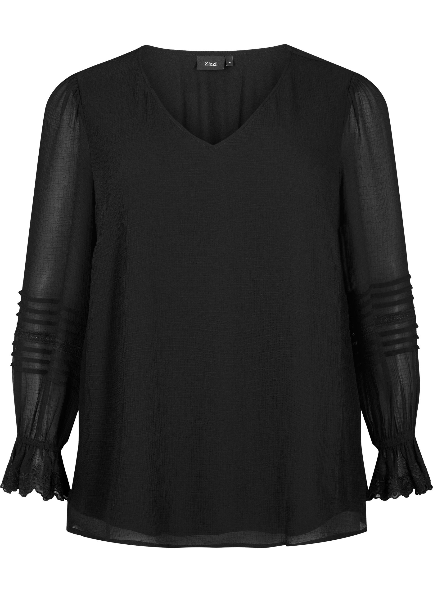 Zizzi Bluse mit V-Ausschnitt und R&uuml;schen&auml;rmeln, Black, Packshot image number 0