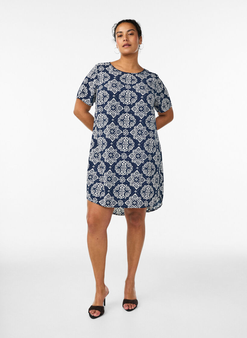 Kleid mit Aufdruck und kurzen &Auml;rmeln, Blau, Model image number 1
