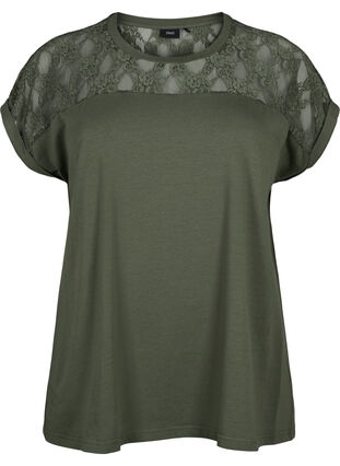 Kurzärmliges Baumwoll-T-Shirt mit Spitze, Thyme, Packshot image number 0
