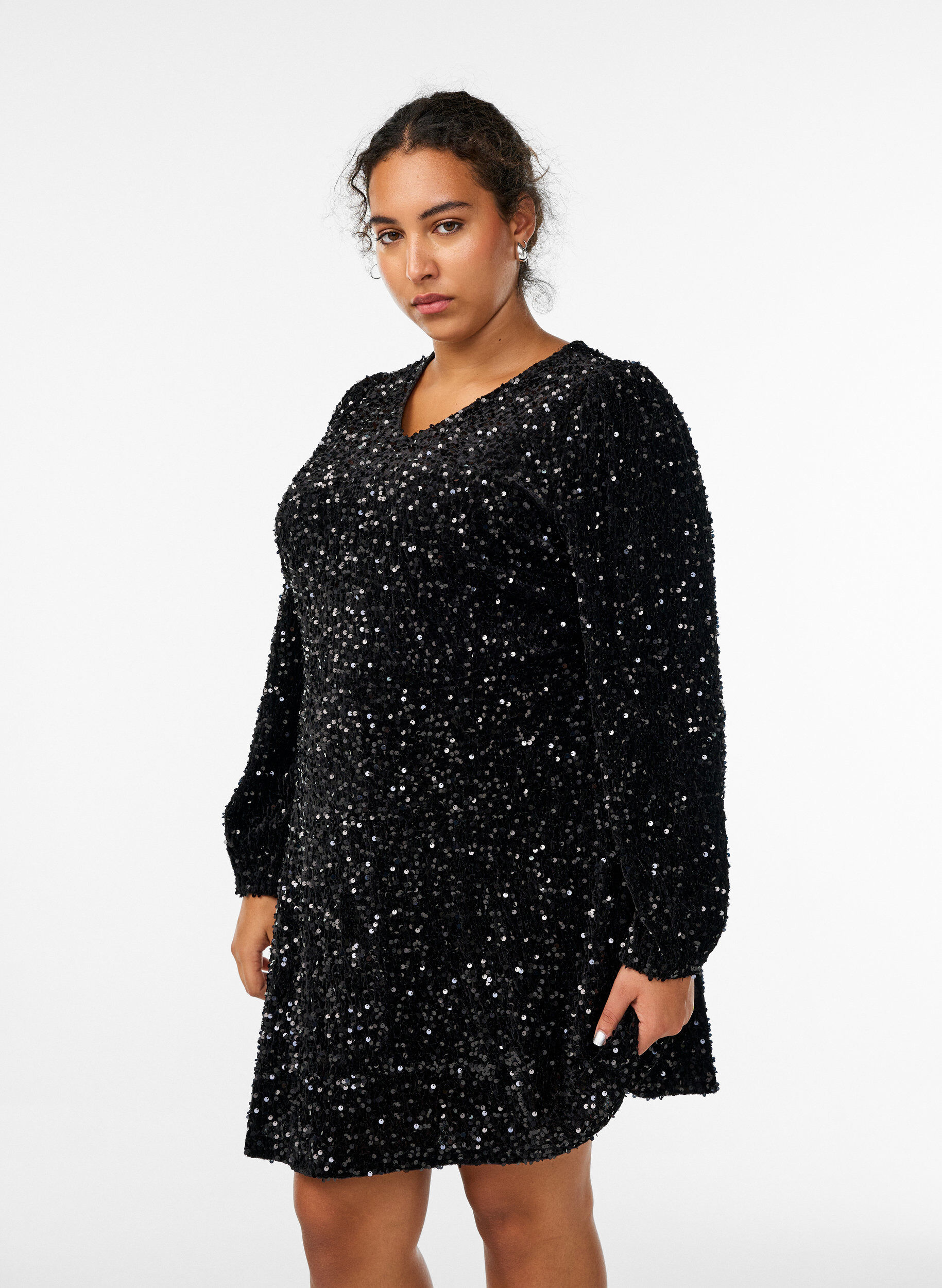 ZizziKurzes A-Linien-Pailletten-Kleid, Schwarz, Model image number 1