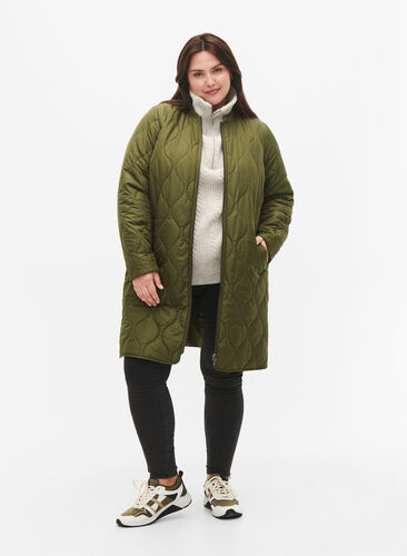 Langer gefütterter Jacke mit Taschen und Reißverschluss, Winter Moss, Model image number 4