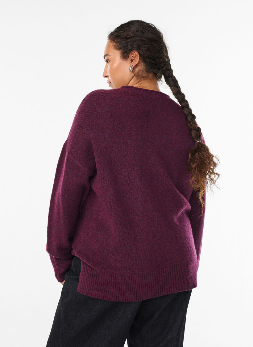 Strickbluse mit V-f&ouml;rmigem Rippenmuster und Schlitzen, Lila, Model image number 2