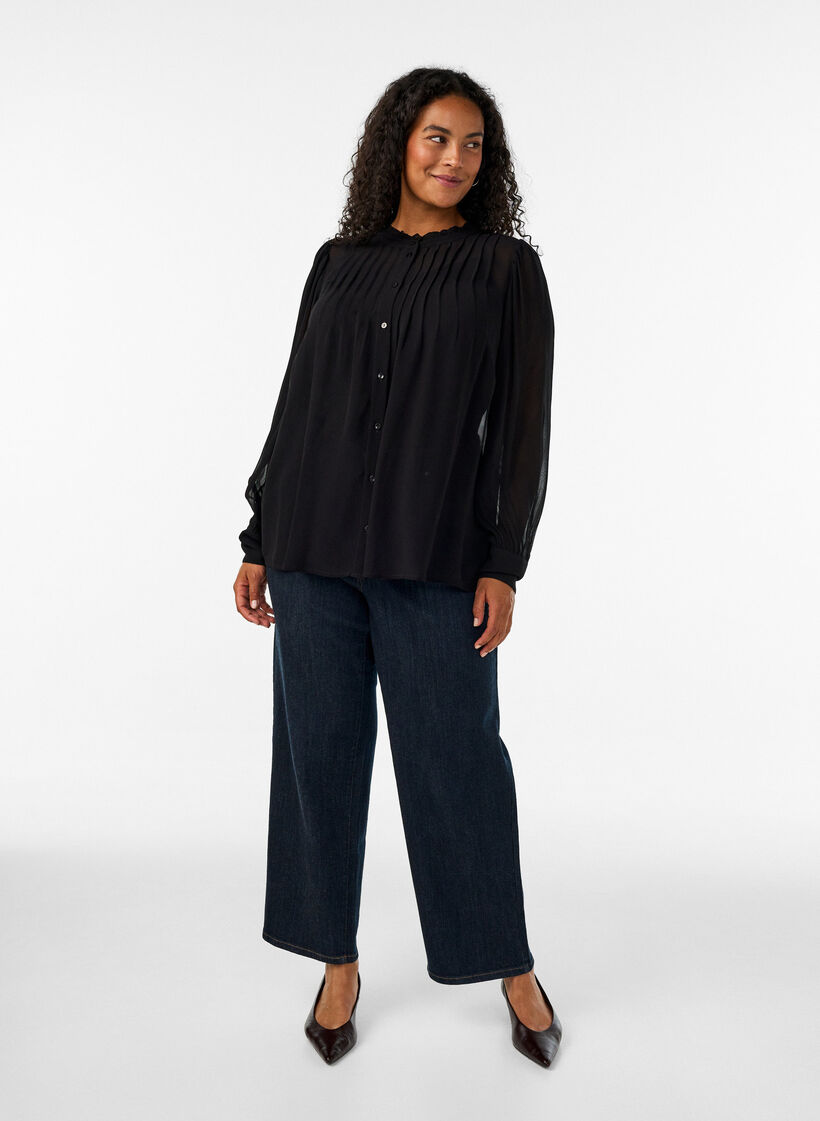 Bluse aus Viskose mit R&uuml;schenkragen, Schwarz, Model image number 1