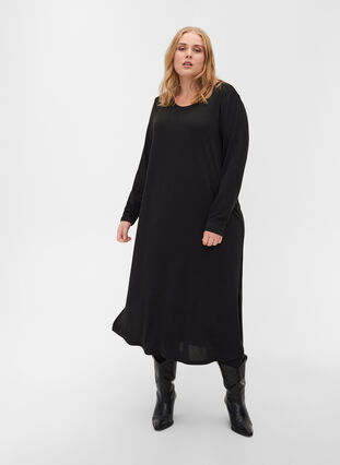 Einfarbiges Kleid mit langen Ärmeln und Schlitz, Black, Model image number 2