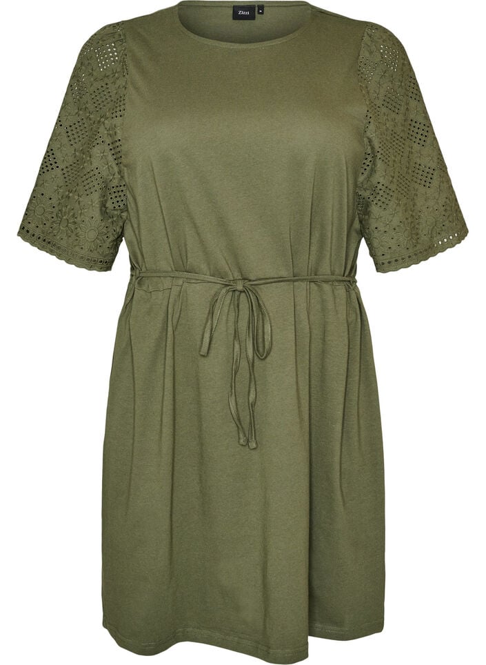 Baumwollkleid mit Broderie-Anglaise-&Auml;rmeln und Bindeg&uuml;rtel, Gr&uuml;n, Packshot image number 0