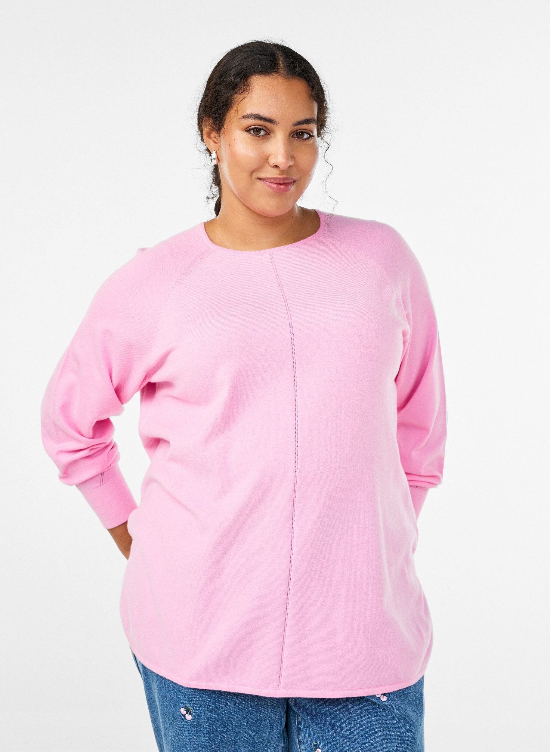 Strickbluse mit Rundhalsausschnitt und Strickmuster, Pink, Model