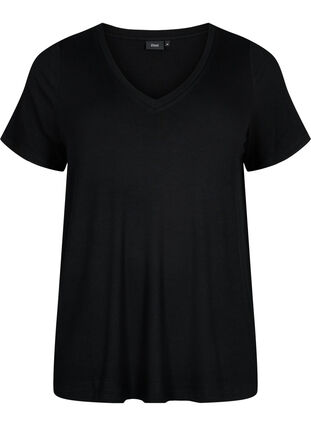 Geripptes T-Shirt aus Viskose mit V-Ausschnitt., Black, Packshot image number 0