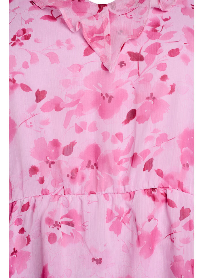 Gebl&uuml;mte Bluse mit R&uuml;schenkragen und Peplum-Effekt, Pink, Packshot image number 2
