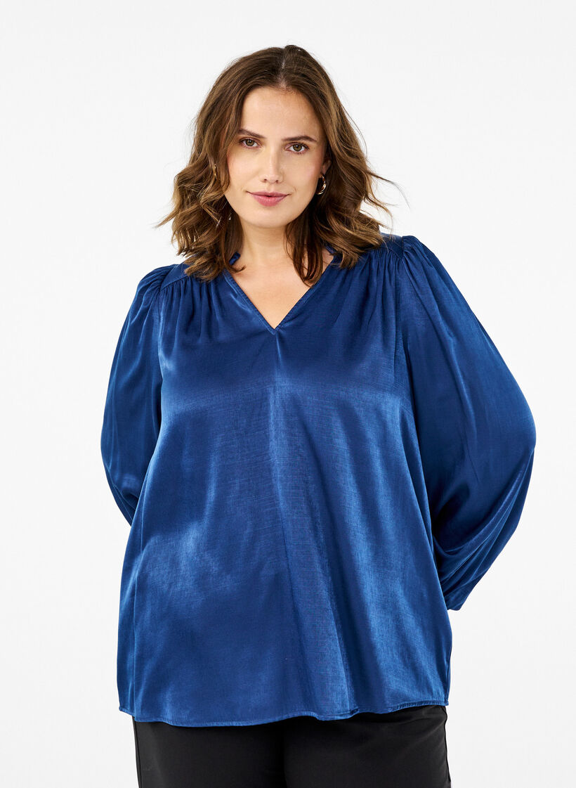  Langärmelige Bluse mit Rüschen und V-Ausschnitt, Estate Blue, Model image number 0