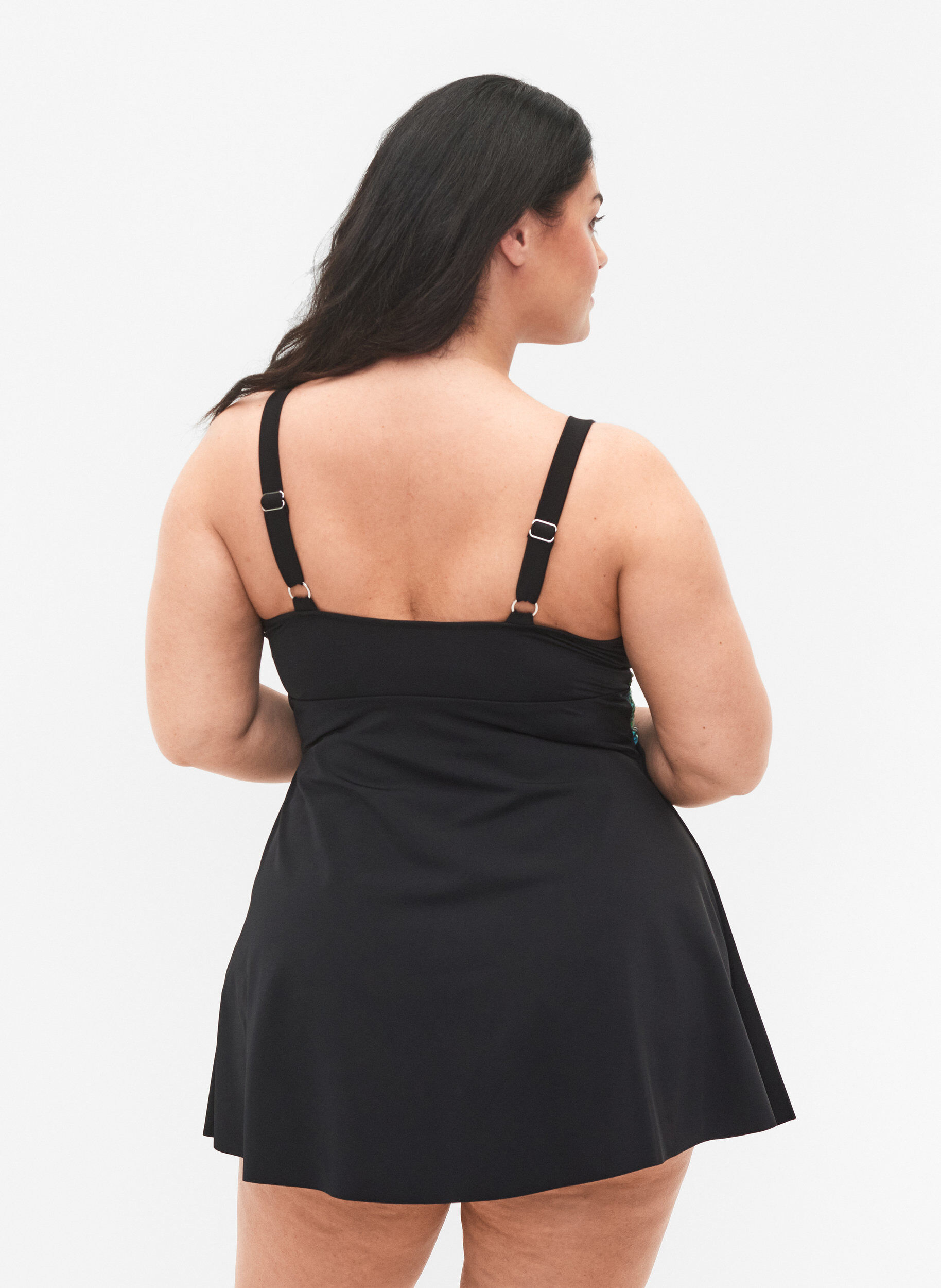 Zizzi Badeanzug mit lockerem Rock, Black Blue Leaf, Model image number 1