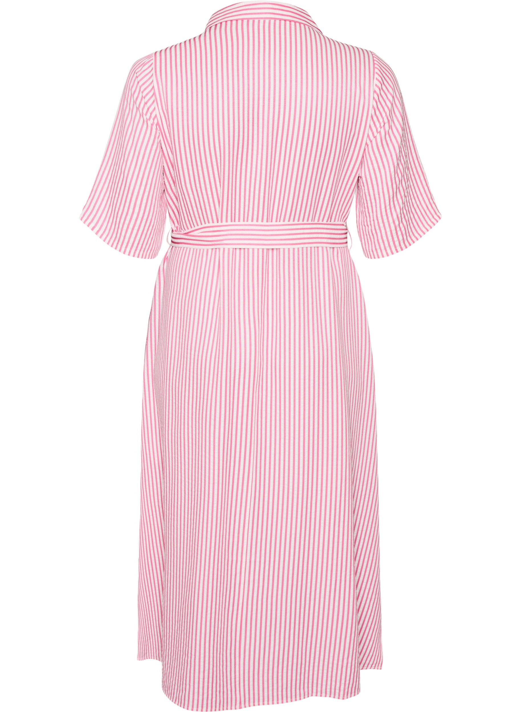 ZizziKn&ouml;chellanges Hemdblusenkleid mit Bindeg&uuml;rtel und Streifen, Pink, Packshot image number 1