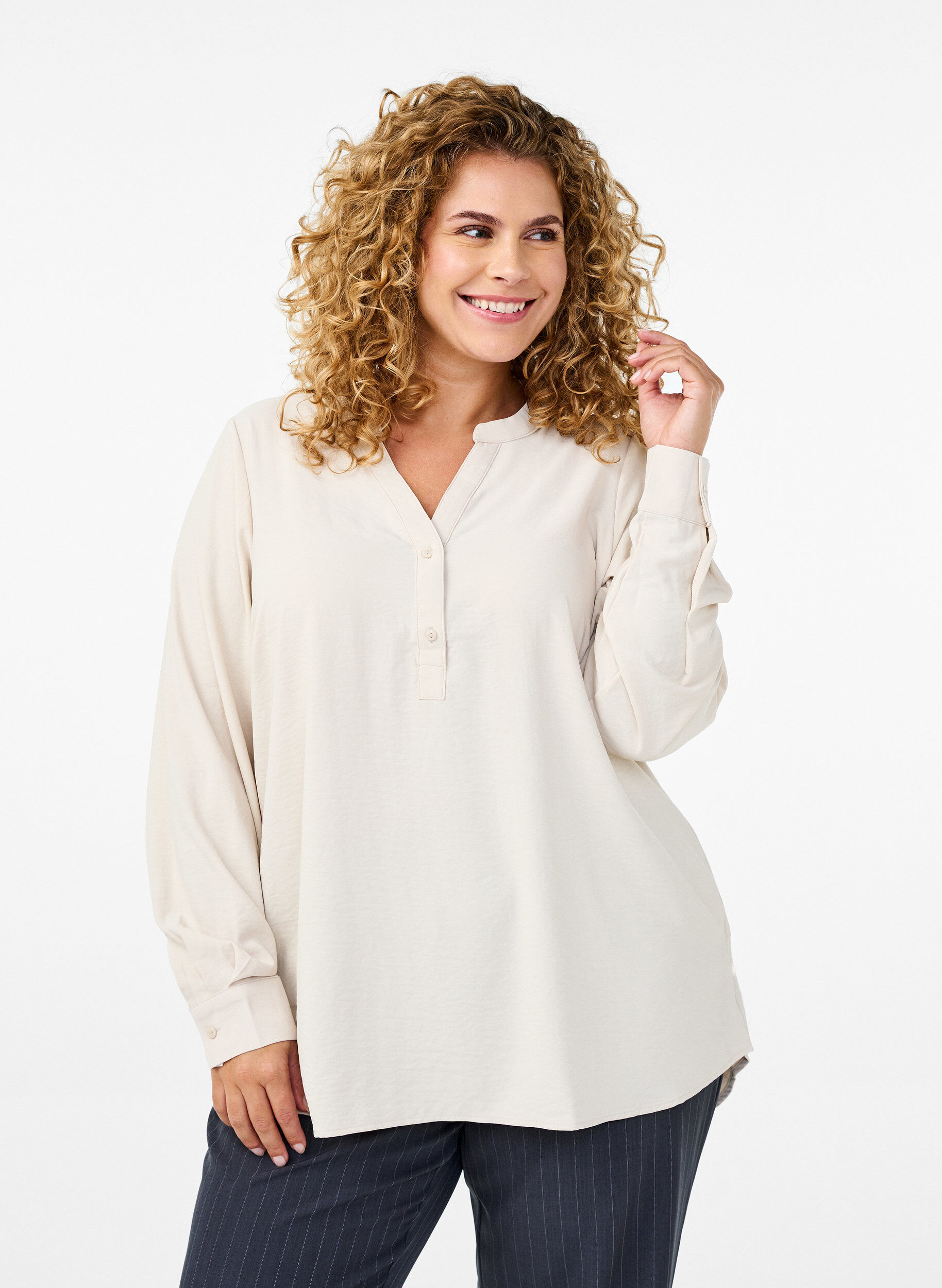 Zizzi FLASH - Bluse mit langen &Auml;rmeln, Beige, Model image number 0