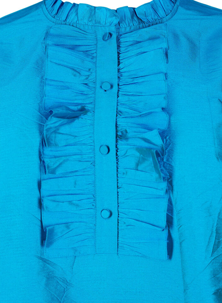 Glänzende Hemdbluse mit Rüschen, Diva Blue, Packshot image number 2