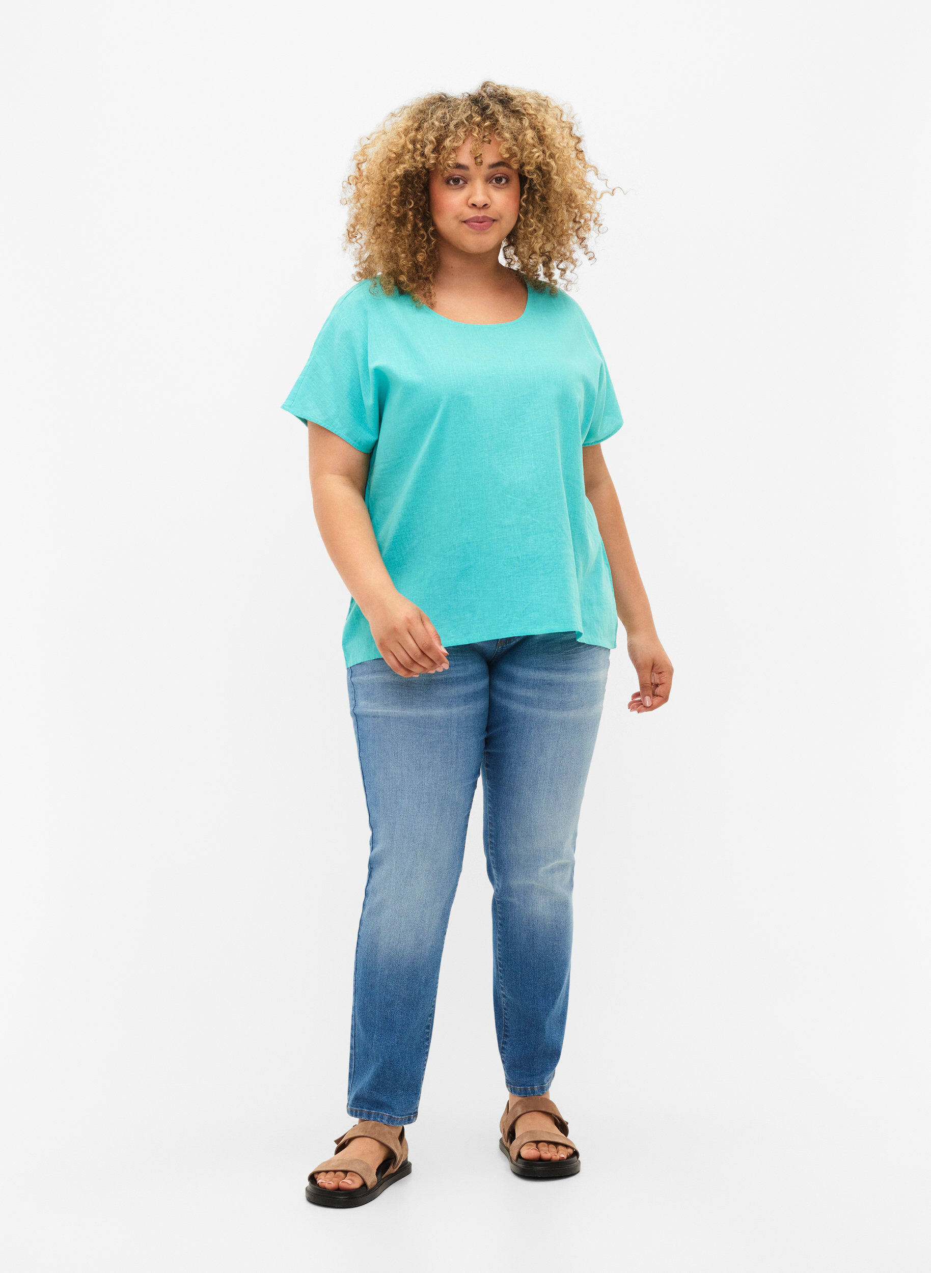 Zizzi Kurz&auml;rmelige Bluse aus Baumwollmischung mit Leinen, Turquoise, Model image number 2